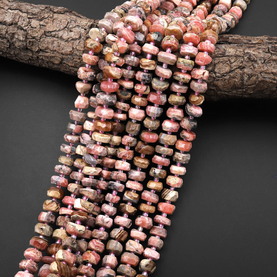 Faceted Rhodochrosite 8mm 10mm 12mm Rondelle Beads 15.5" Strand