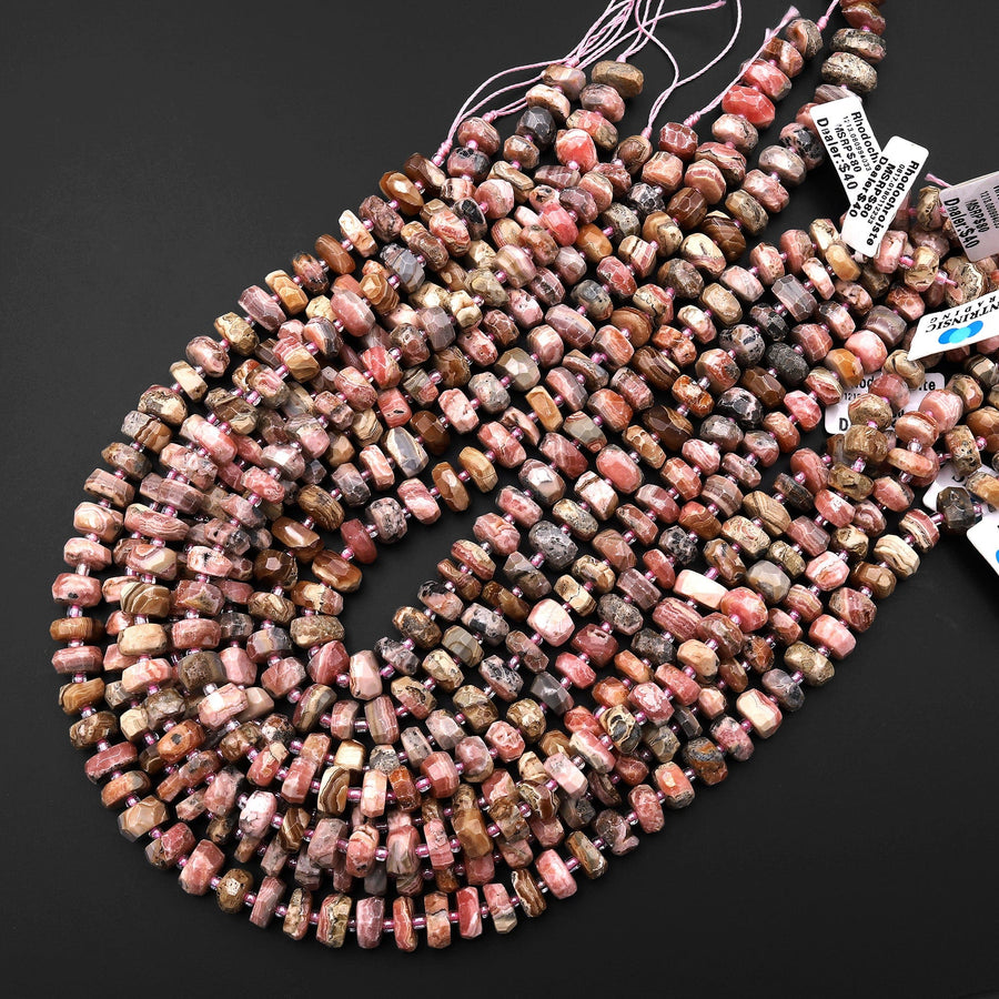 Faceted Rhodochrosite 8mm 10mm 12mm Rondelle Beads 15.5" Strand