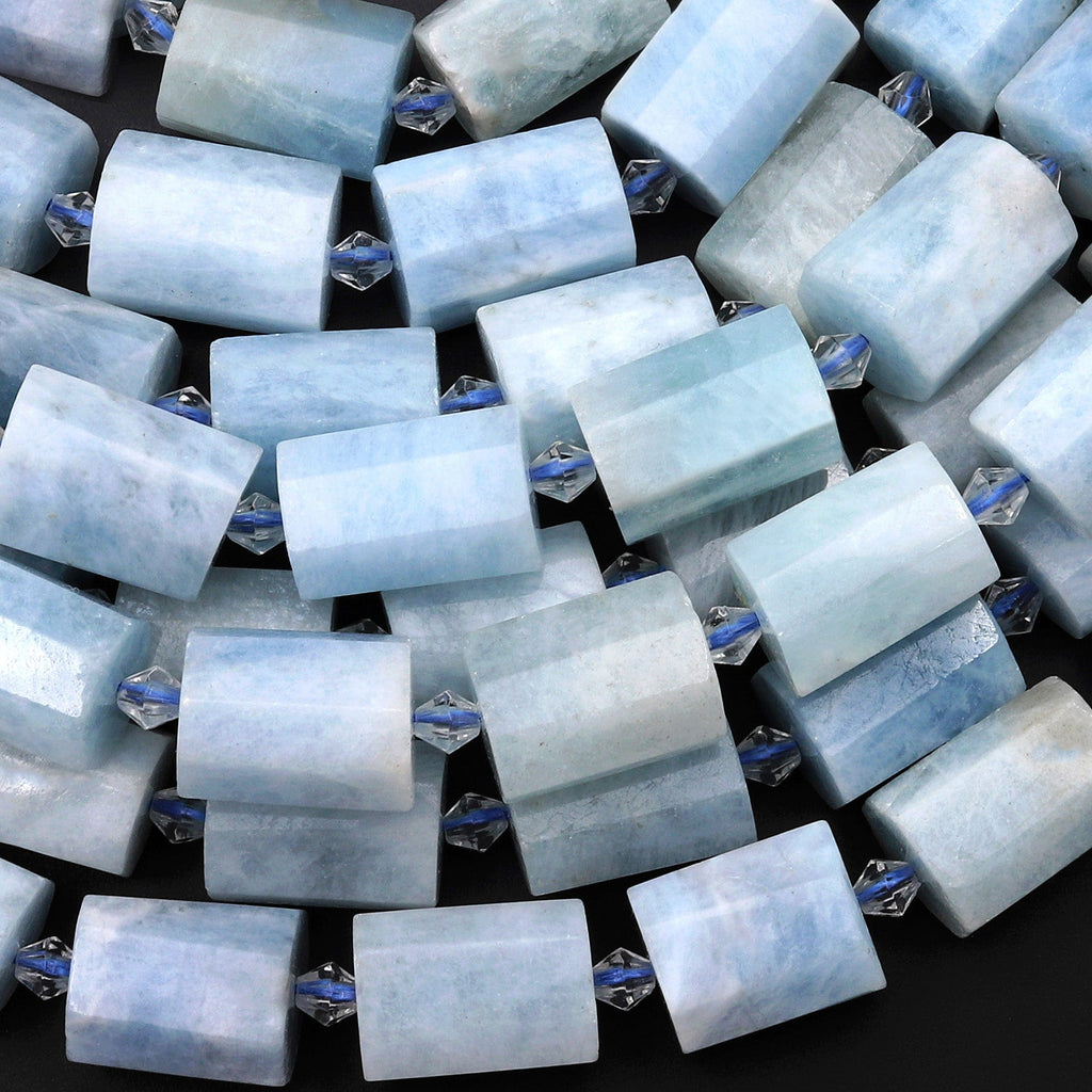 Large Faceted Natural Aquamarine Tube Beads Gemstone 15.5" Strand