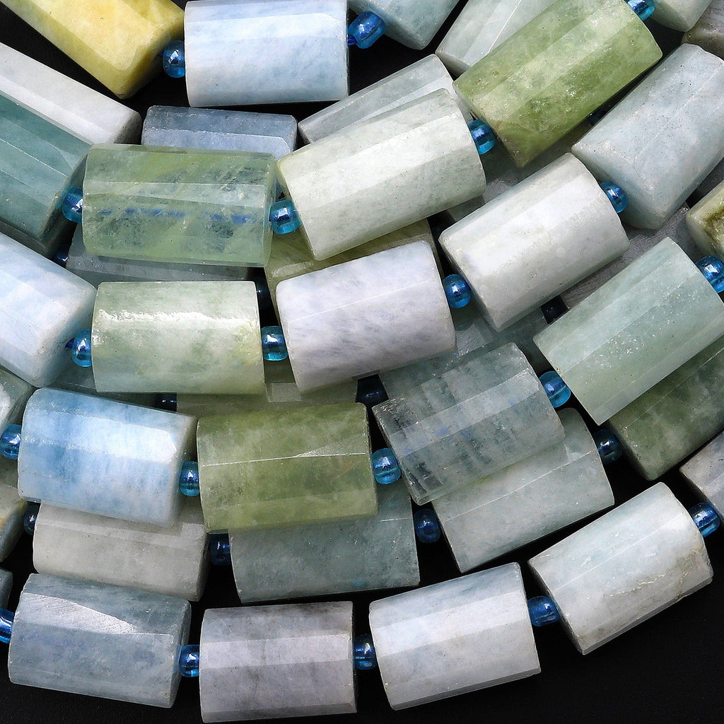 Faceted Natural Blue Green Aquamarine Tube Beads Gemstone 15.5" Strand