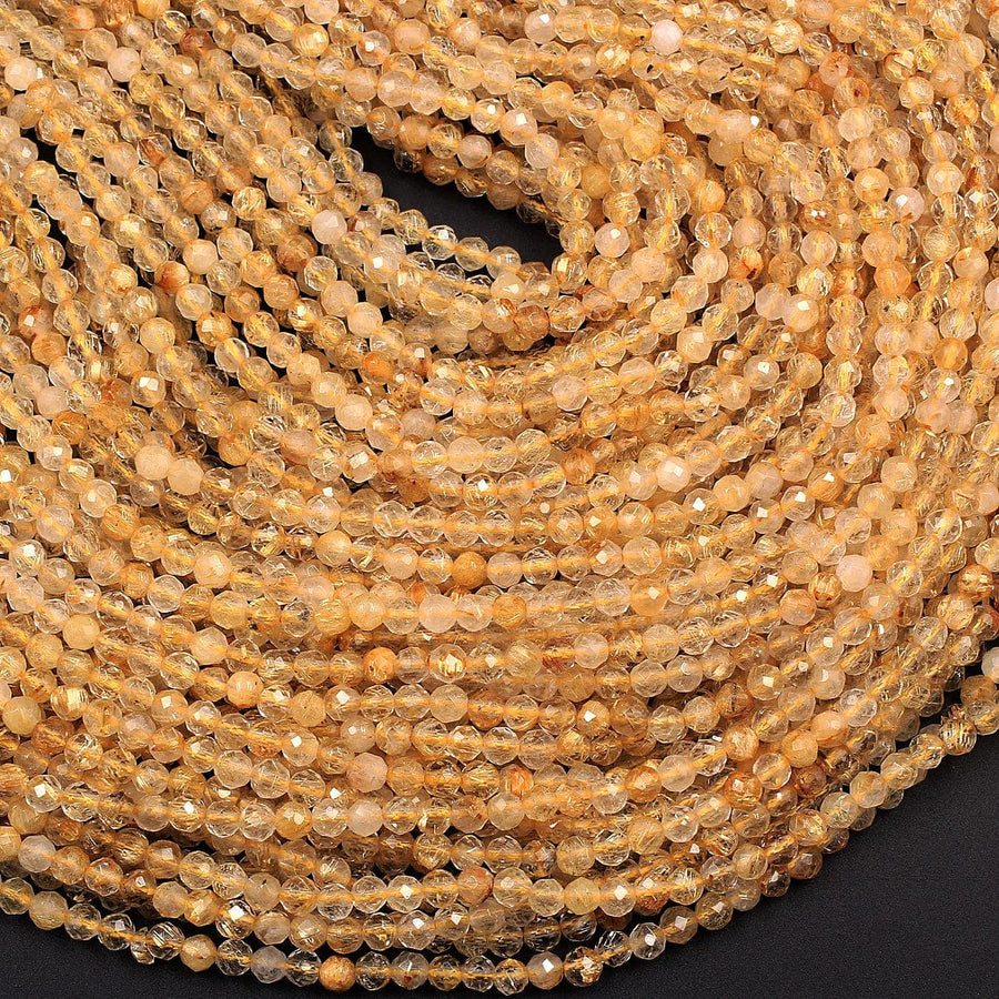 AA Grade Natural Golden Rutile Quartz  3mm 4mm 5mm Faceted Round Beads Sharp Golden Rutile Needle Gemstone 16" Strand