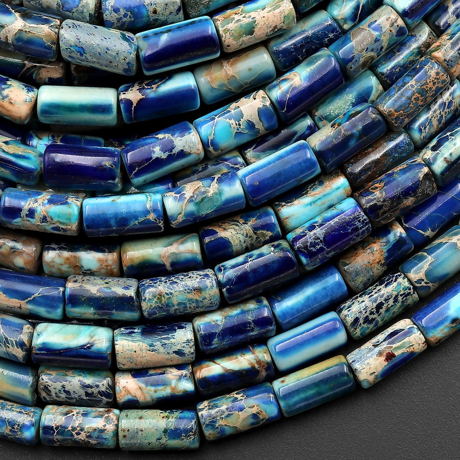 Ocean Blue Sea Sediment Jasper Smooth Tube Cylinder Beads 8x4mm Aka Impression Imperial Jasper 15.5" Strand