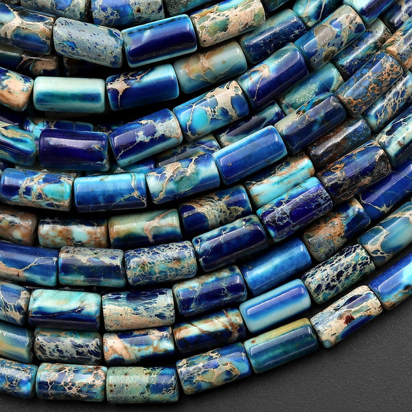 Ocean Blue Sea Sediment Jasper Smooth Tube Cylinder Beads 8x4mm Aka Impression Imperial Jasper 15.5" Strand