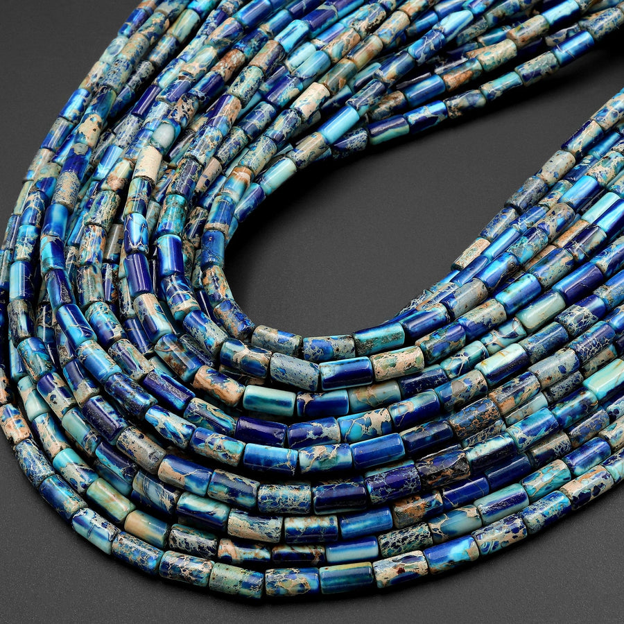 Ocean Blue Sea Sediment Jasper Smooth Tube Cylinder Beads 8x4mm Aka Impression Imperial Jasper 15.5" Strand