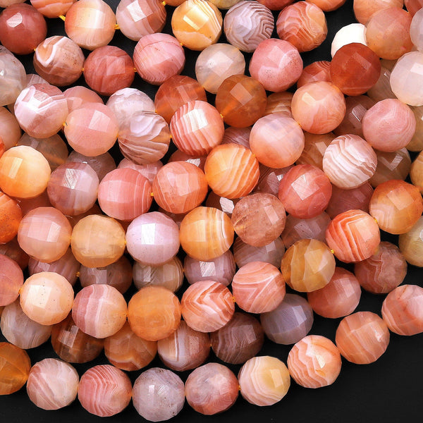 Faceted Natural Orange Pink Botswana Agate 10mm Lantern Round Beads 15.5" Strand