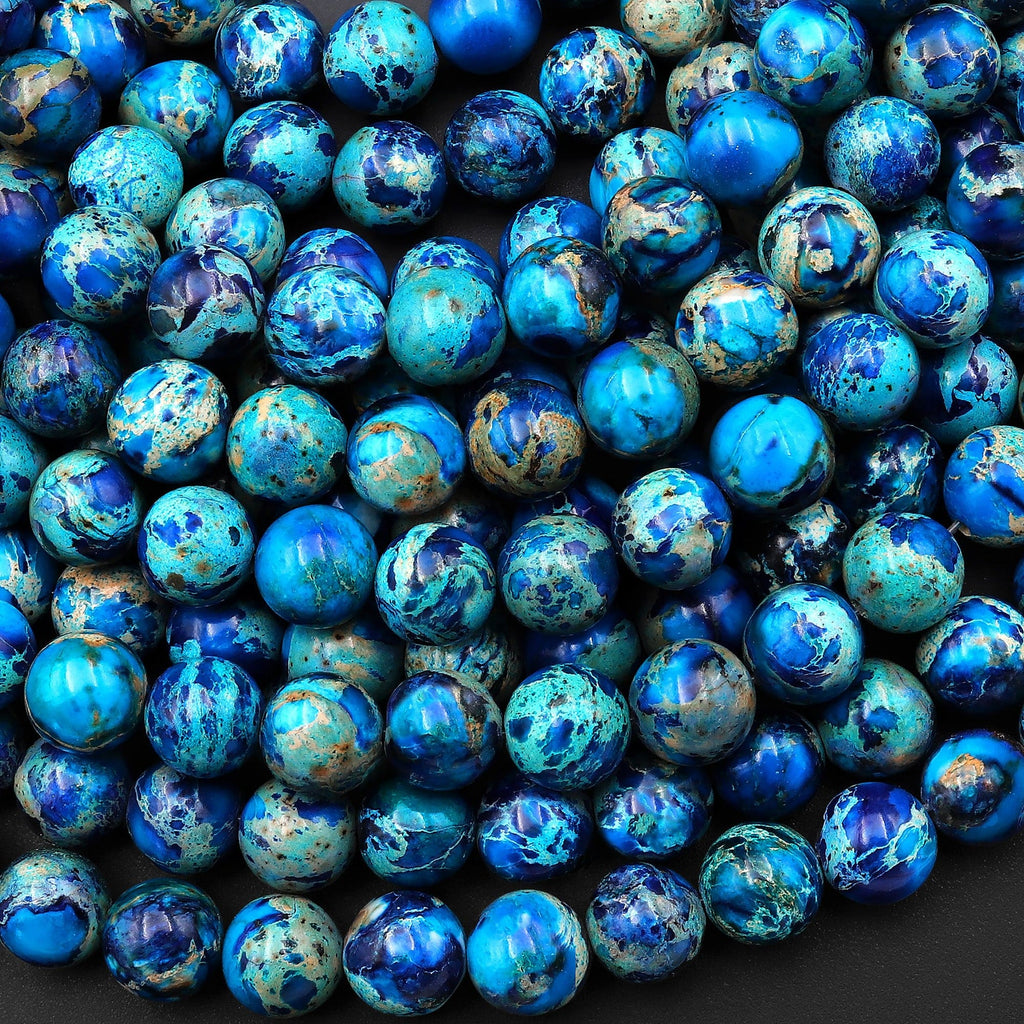 Apatite Blue Sea Sediment Jasper Smooth Round Beads 4mm 6mm 8mm 10mm Aka Impression Imperial Jasper 15.5" Strand