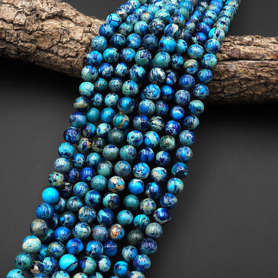 Apatite Blue Sea Sediment Jasper Smooth Round Beads 4mm 6mm 8mm 10mm Aka Impression Imperial Jasper 15.5" Strand