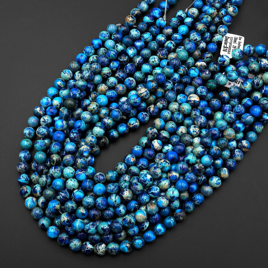 Apatite Blue Sea Sediment Jasper Smooth Round Beads 4mm 6mm 8mm 10mm Aka Impression Imperial Jasper 15.5" Strand