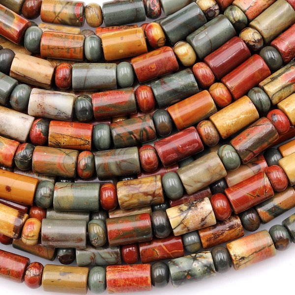 Red Creek Jasper Bead Cylinder Rondelle Smooth Tube Earthy Red Green Yellow Brown Natural Cherry Creek Multi-color Picasso Jasper 16" Strand