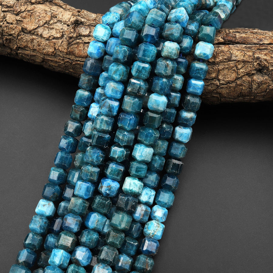 AA Natural Blue Apatite Faceted 8mm Dice Cube Beads 15.5" Strand