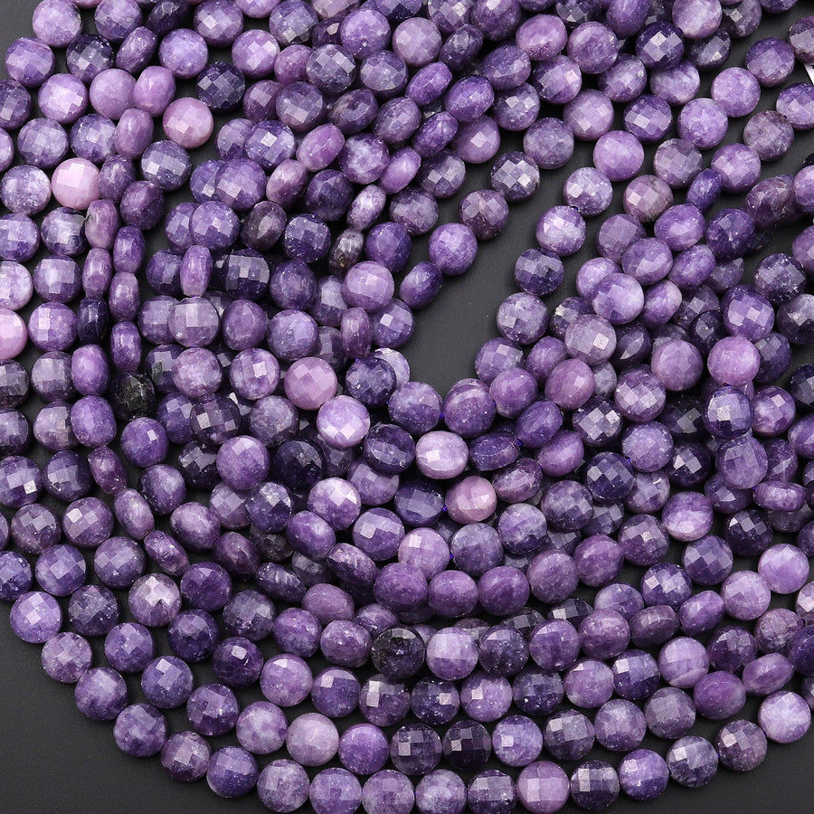 Faceted Natural Lepidolite 6mm 8mm Coin Beads Shimmering Mica Matrix Gemstone 15.5" Strand