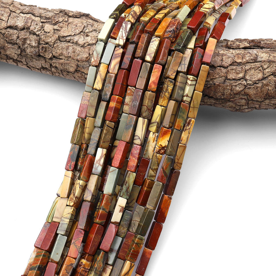 AAA Red Creek Jasper Long Rectangle Tube Beads Red Green Yellow Brown Natural Cherry Creek Multi Color Picasso Jasper 15.5" Strand