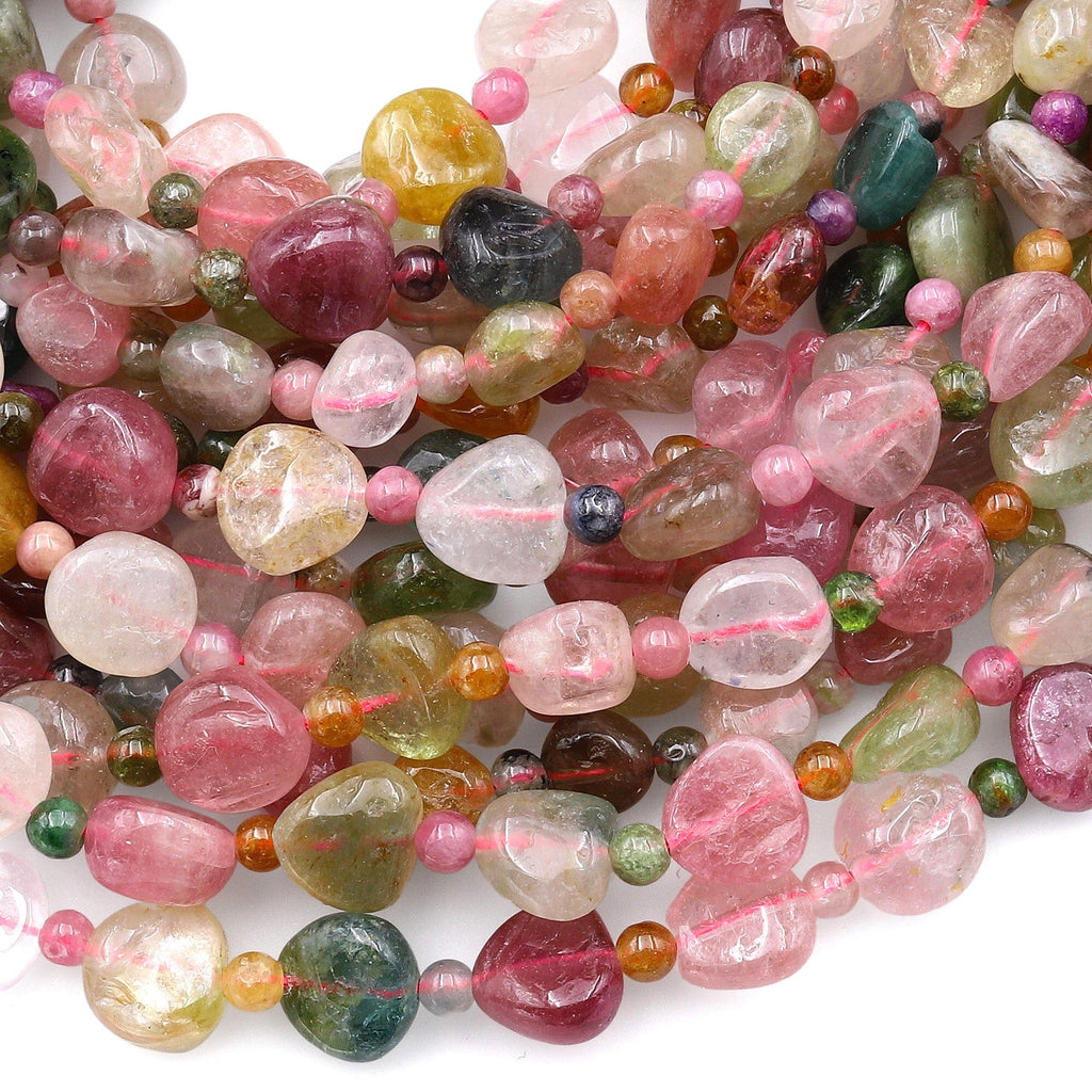 Natural Multicolor Pink Green Tourmaline Freeform Pebble Nugget Beads Gemstone 15.5" Strand