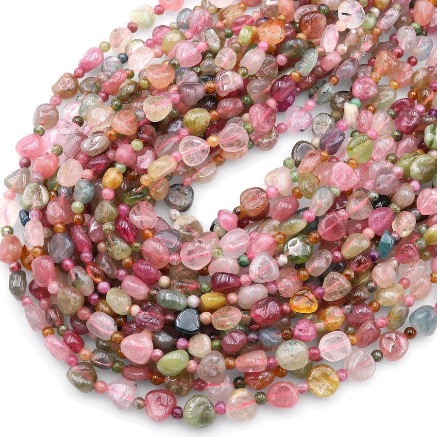 Natural Multicolor Pink Green Tourmaline Freeform Pebble Nugget Beads Gemstone 15.5" Strand