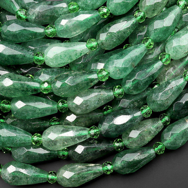 Faceted Natural African Green Chalcedony Teardrop Beads Vertically Drilled Gemstone Good for Earrings 15.5" Strand