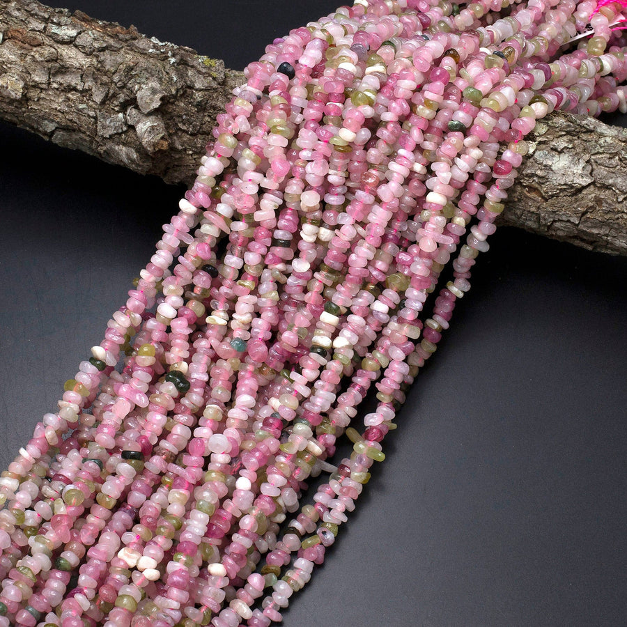 Natural Pink Green Tourmaline Freeform Heishi Rondelle Beads Gemstone 15.5" Strand