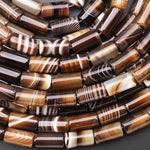 Natural Tibetan Agate Beads Smooth Tube Cylinder Amazing Veins Bands Stripes Brown Black White Agate 15.5" Strand