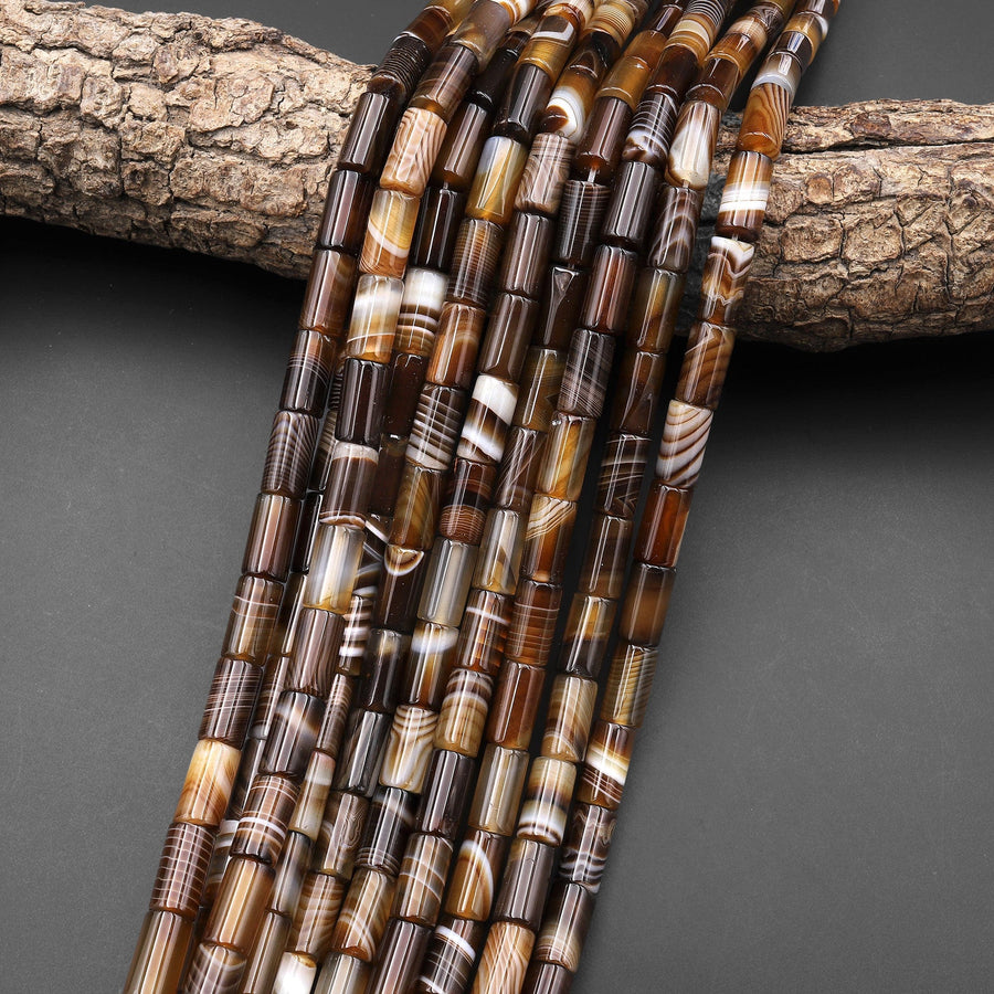 Natural Tibetan Agate Beads Smooth Tube Cylinder Amazing Veins Bands Stripes Brown Black White Agate 15.5" Strand