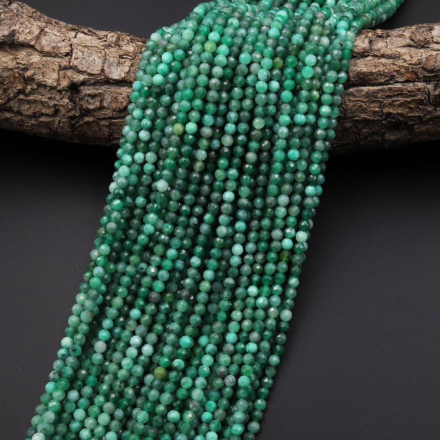 AAA Real Genuine Natural Colombia Green Emerald Gemstone Faceted 3mm 4mm Round Beads Laser Diamond Cut Gemstone May Birthstone 15.5" Strand