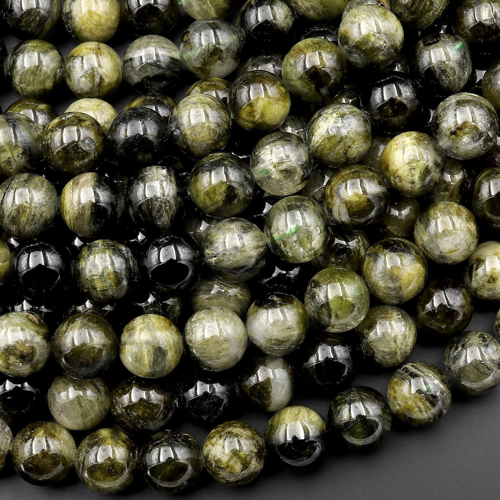 AAA Natural Green Cat's Eye Tourmaline Round Beads 6mm 8mm 10mm 12mm 14mm 15.5" Strand