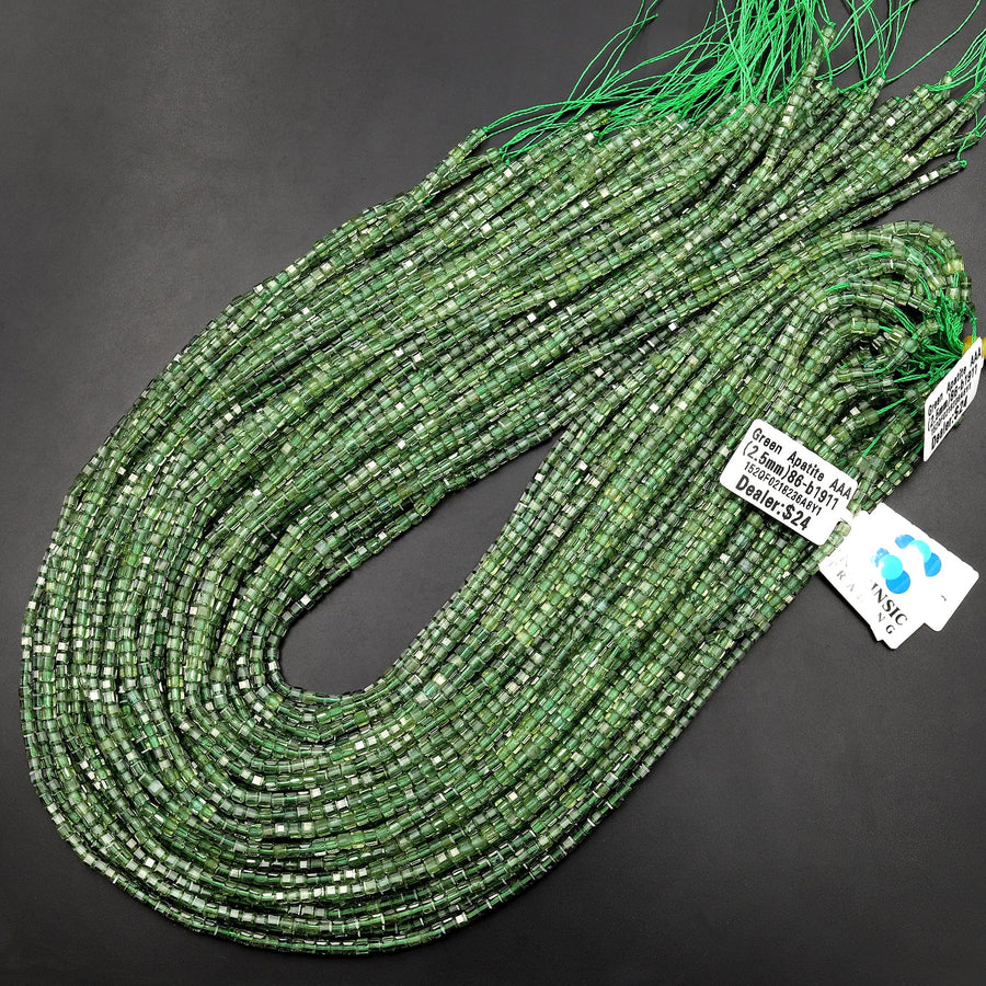 AAA Natural Green Apatite Faceted 2mm 3mm Cube Gemstone Beads 15.5" Strand