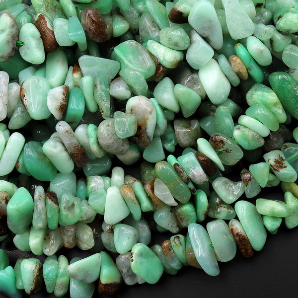 Natural Green Brown Chrysoprase Beads Freeform Pebble Chip Nuggets 15.5" Strand