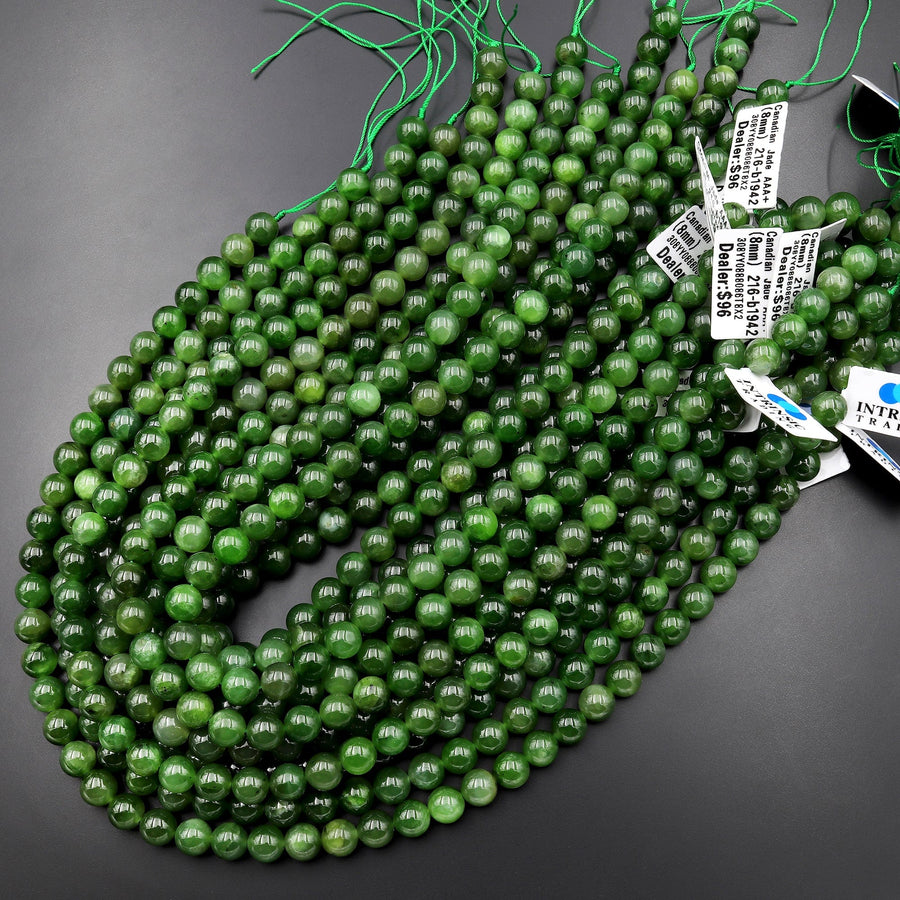 AAA+ Natural Canadian Green Jade 4mm 6mm 8mm Round Beads 15.5" Strand