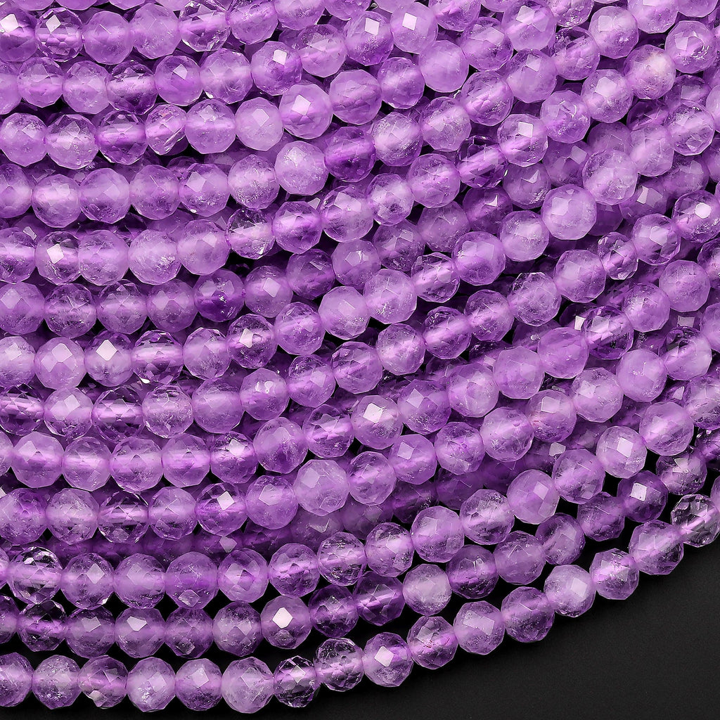AAA Faceted Natural Lilac Purple Amethyst Round Beads 4mm Micro Diamond Cut Gemstone 15.5" Strand