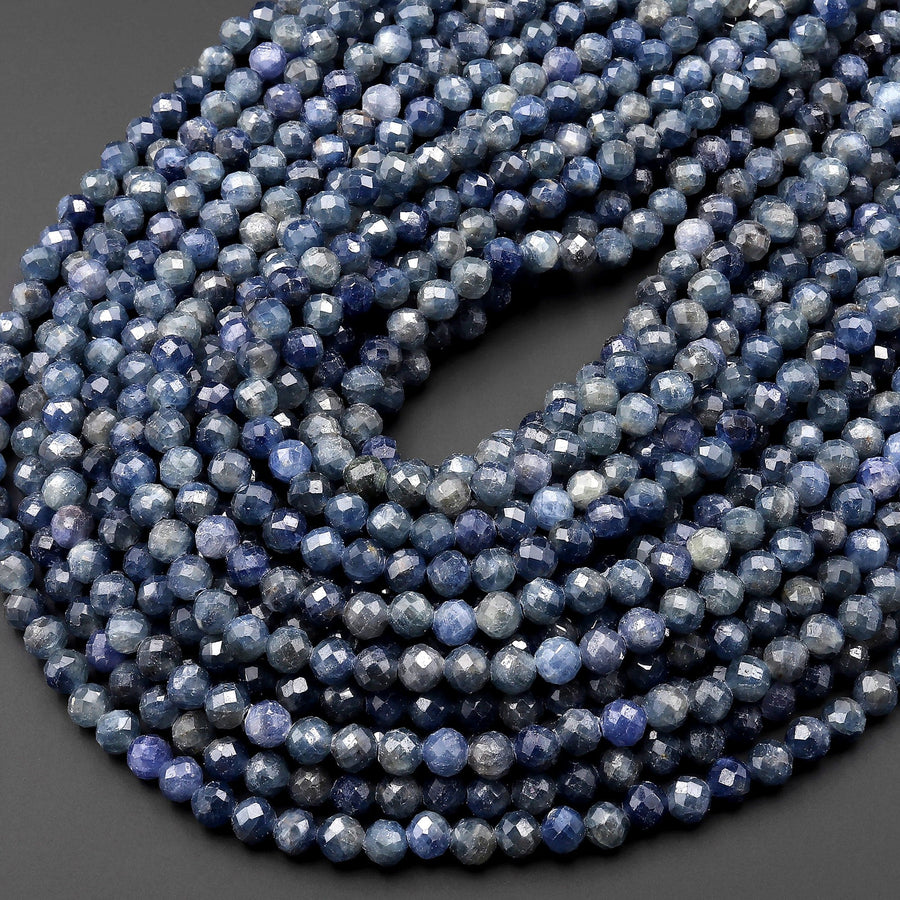 Natural Burma Blue Sapphire Faceted 5mm 6mm Round Beads 15.5" Strand