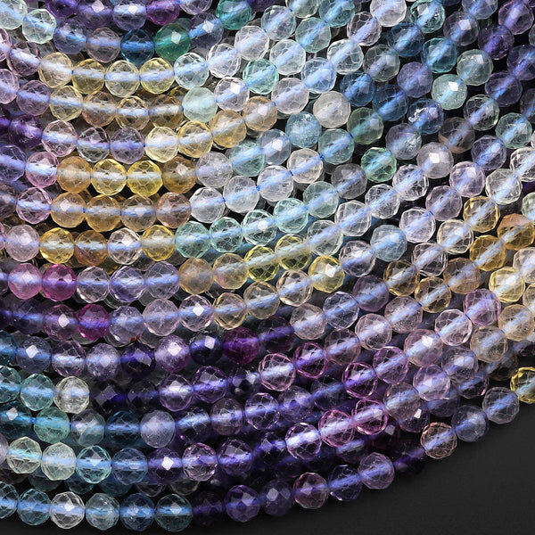 Natural Rainbow Fluorite Faceted 2mm 3mm 4mm 6mm Round Beads Micro Laser Cut Purple Green Gemstone 15.5" Strand