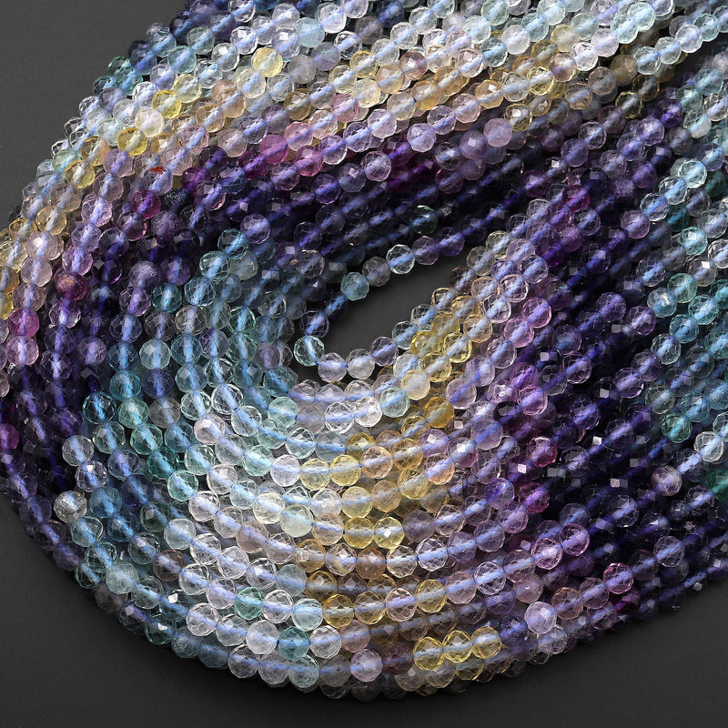 Natural Rainbow Fluorite Faceted 2mm 3mm 4mm 6mm Round Beads Micro Laser Cut Purple Green Gemstone 15.5" Strand