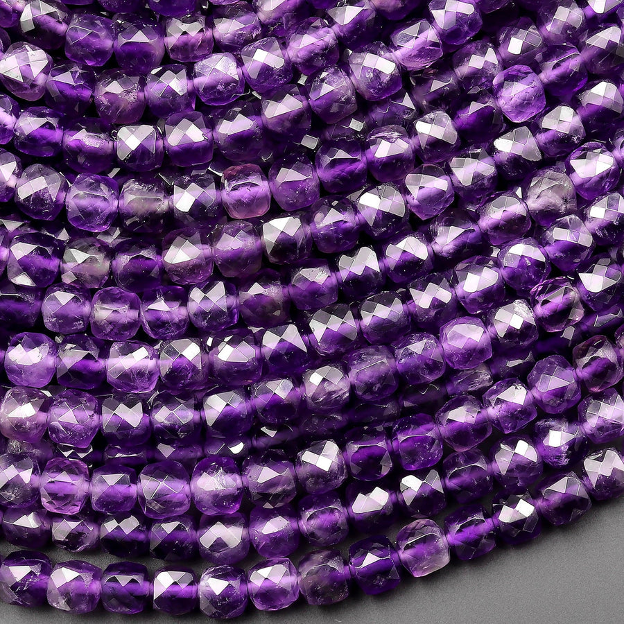 Natural Purple Amethyst 4mm Faceted Cube Square Dice Beads 15.5" Strand