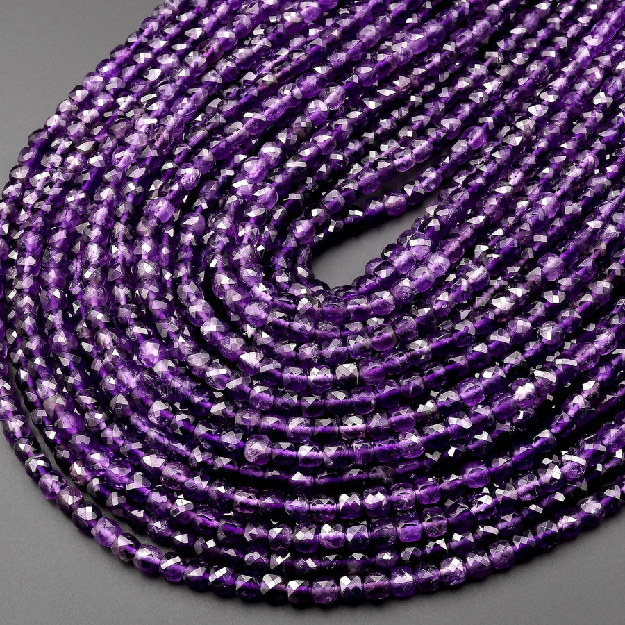 Natural Purple Amethyst 4mm Faceted Cube Square Dice Beads 15.5" Strand