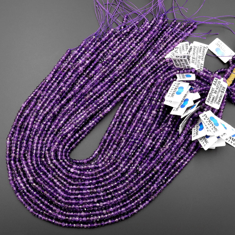 AAA Faceted Natural Purple Amethyst 3mm 4mm Rondelle Beads 15.5" Strand