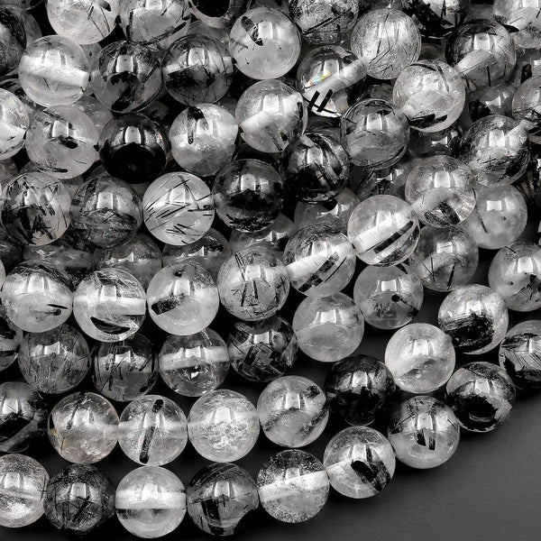 AAA Black Tourmaline Rutilated Rutile Quartz Round Beads 4mm 6mm 8mm 10mm 15.5" Strand