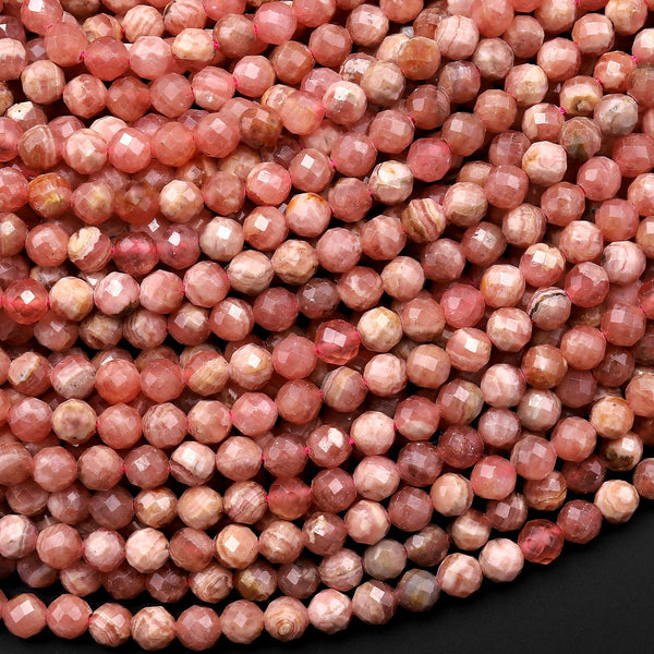 Natural Pink Red Rhodochrosite 3mm 4mm 5mm 6mm Faceted Round Beads Micro Laser Diamond Cut Gemstone 15.5" Strand
