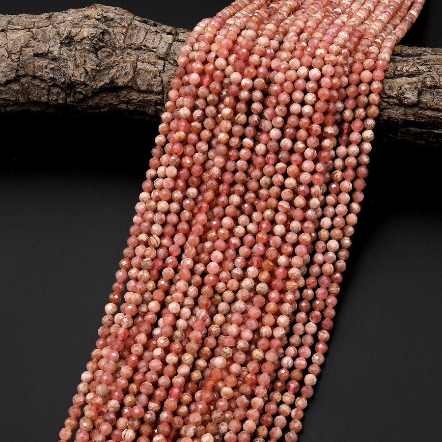 Natural Pink Red Rhodochrosite 3mm 4mm 5mm 6mm Faceted Round Beads Micro Laser Diamond Cut Gemstone 15.5" Strand