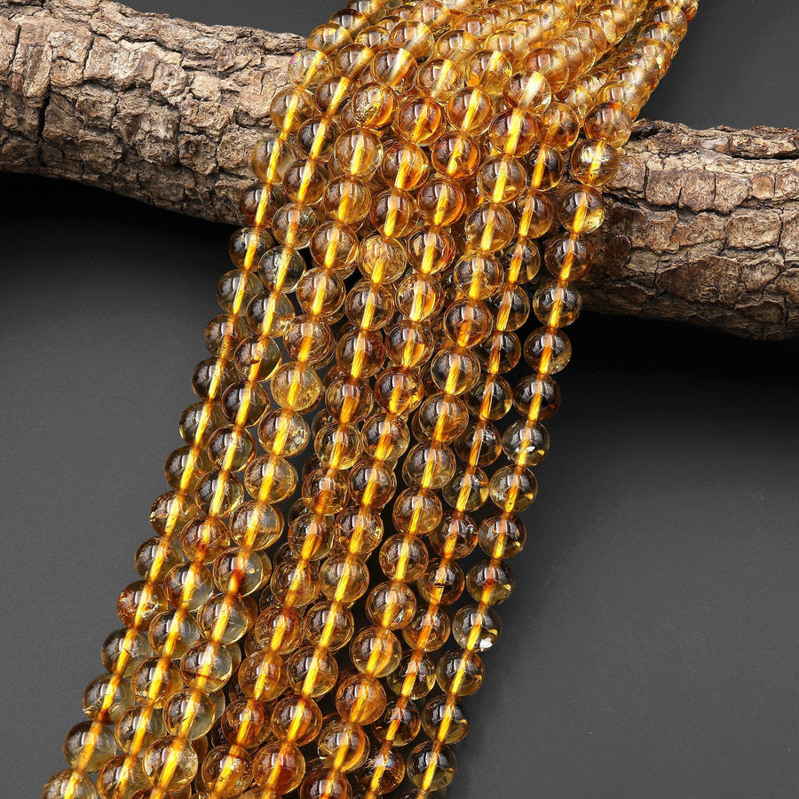 AAA Natural Golden Citrine 6mm 8mm 9mm 10mm 11mm 12mm Smooth Round Beads Gemstone 15.5" Strand