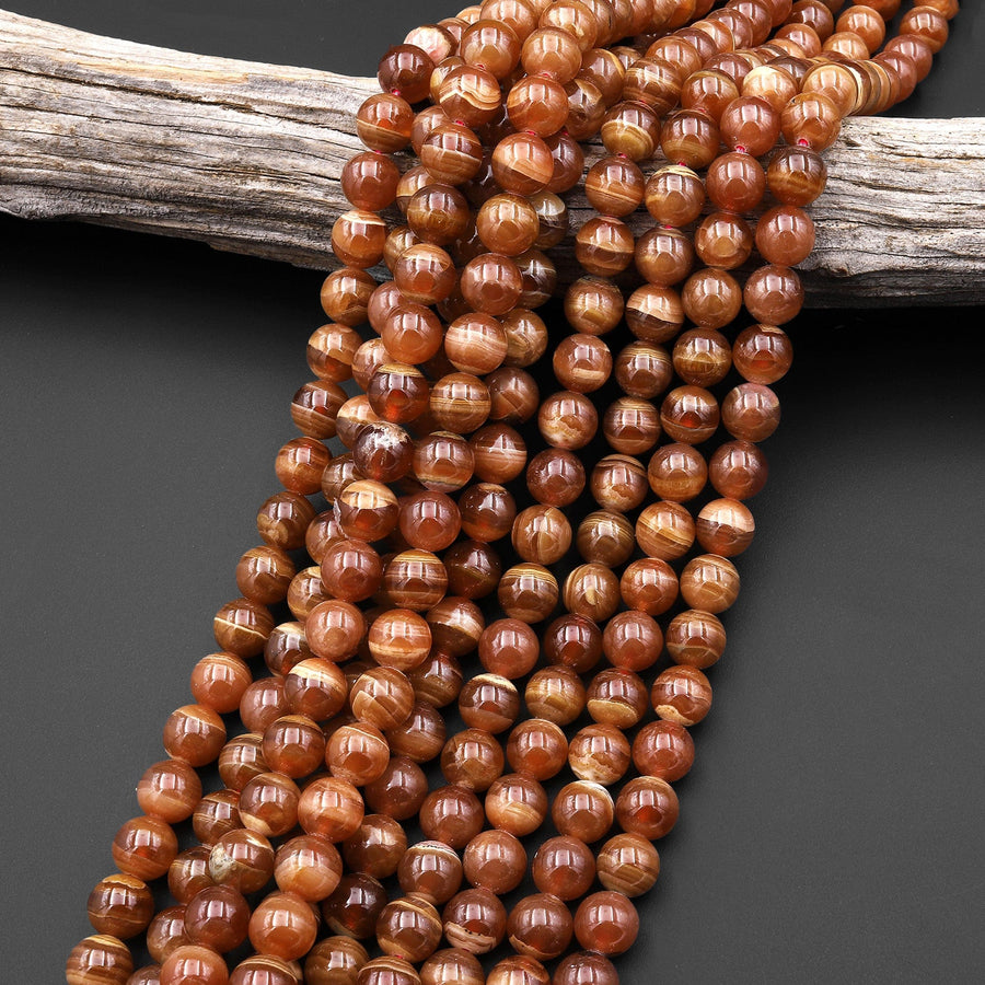 AAA+ Natural Honey Brown Rhodochrosite 4mm 5mm 6mm 8mm 10mm 12mm Round Beads Caramel Bands Stripes 15.5" Strand