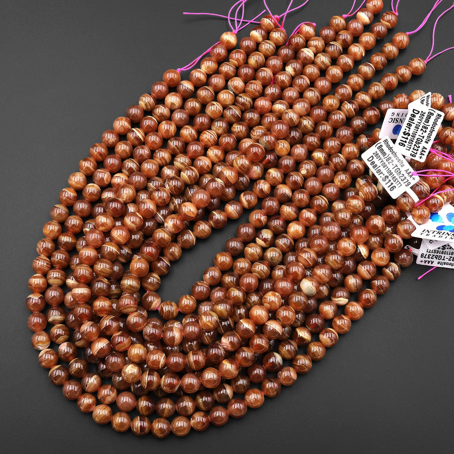 AAA+ Natural Honey Brown Rhodochrosite 4mm 5mm 6mm 8mm 10mm 12mm Round Beads Caramel Bands Stripes 15.5" Strand