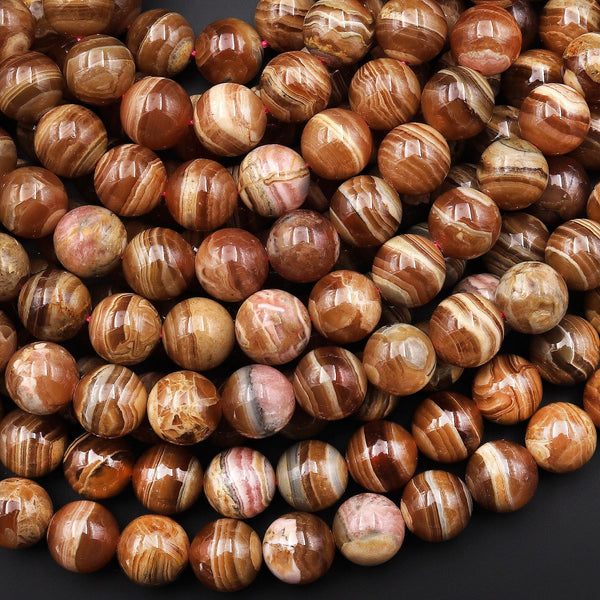 AAA Natural Honey Brown Rhodochrosite 6mm 8mm Round Beads Caramel Bands Stripes 15.5" Strand