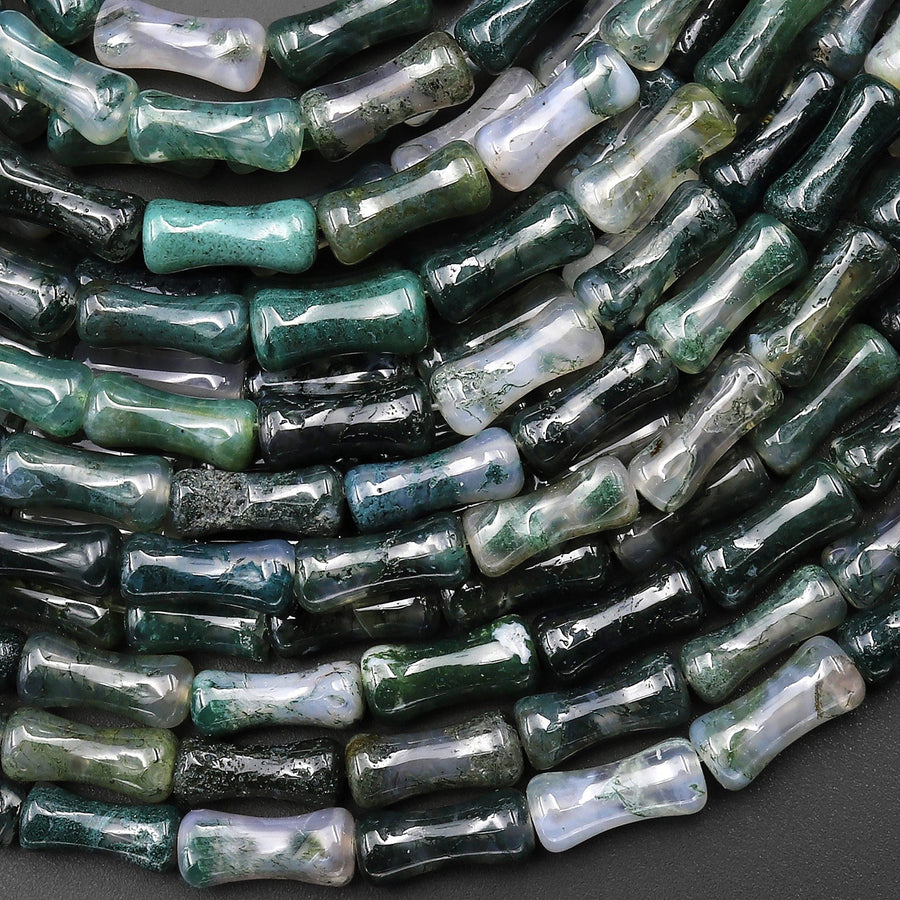 Natural Green Moss Agate Tube Cylinder Carved Bamboo Stem Shape 15.5" Strand