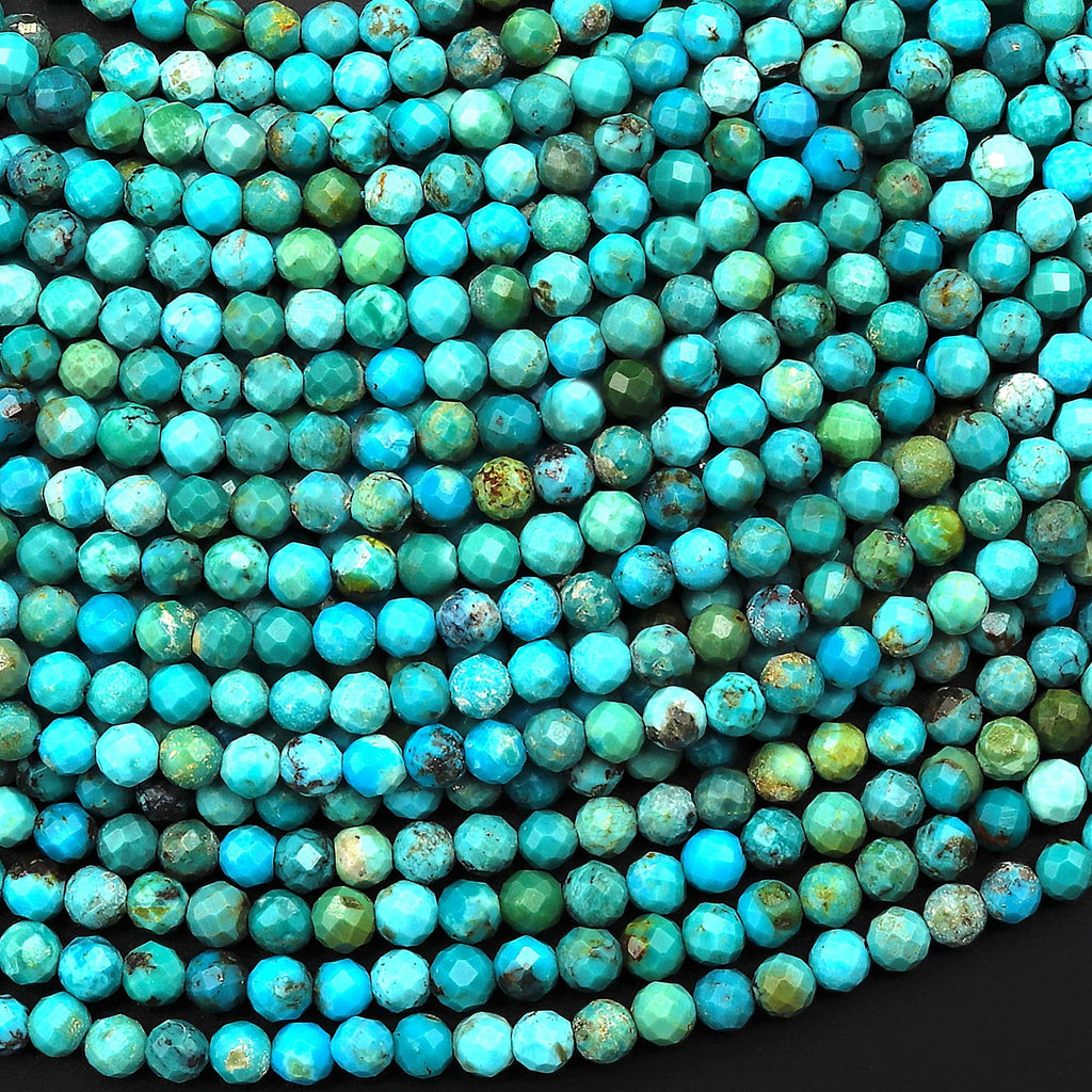 Natural Turquoise 3mm 4mm Faceted Round Beads Real Genuine Vibrant Blue Green Gemstone Micro Diamond Cut 15.5" Strand