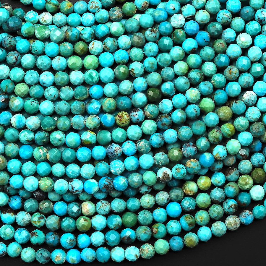 Natural Turquoise 3mm 4mm Faceted Round Beads Real Genuine Vibrant Blue Green Gemstone Micro Diamond Cut 15.5" Strand