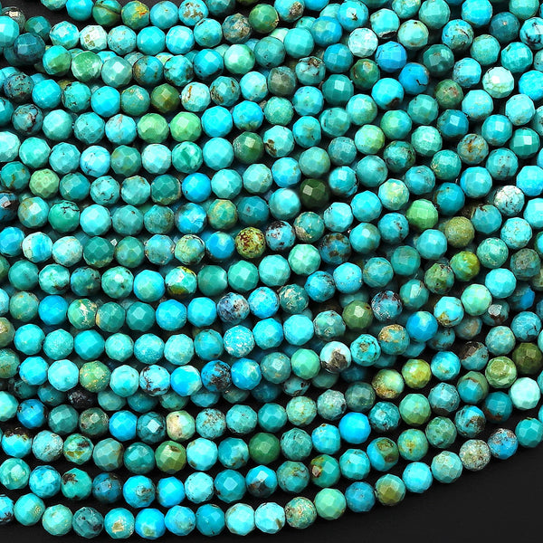 Natural Turquoise 3mm 4mm Faceted Round Beads Real Genuine Vibrant Blue Green Gemstone Micro Diamond Cut 15.5" Strand
