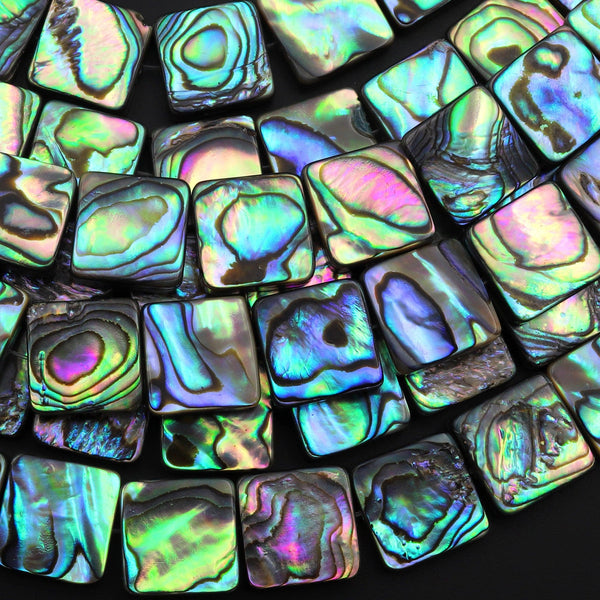 AAA Genuine Abalone Square 8mm 10mm 12mm 14mm 16mm Beads Iridescent Rainbow Glow Blue Green Red Pink Flash 15.5" Strand