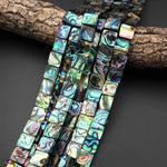 AAA Genuine Abalone Square 8mm 10mm 12mm Bead Iridescent Rainbow Glow Blue Green Red Pink Flash 15.5" Strand