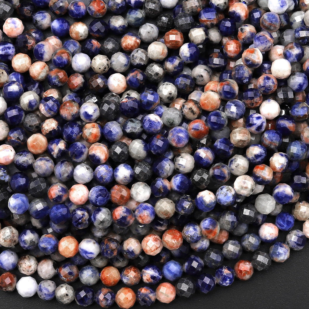 Faceted Natural Orange Sodalite 3mm 4mm Round Beads Gemstone 15.5" Strand