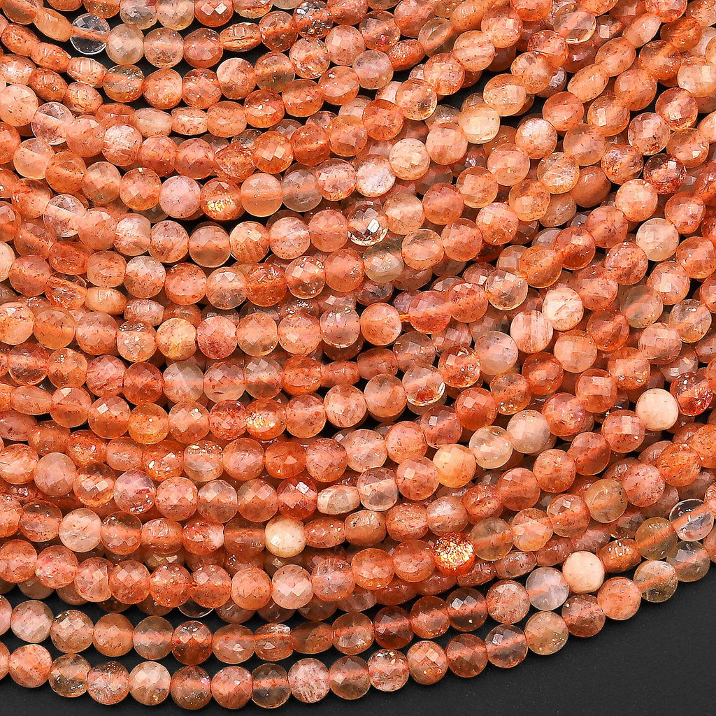 Natural Sunstone Micro Faceted 4mm Coin Flat Disc Dazzling Facets Small Fiery Orange Red Gemstone Diamond Cut 15.5" Strand