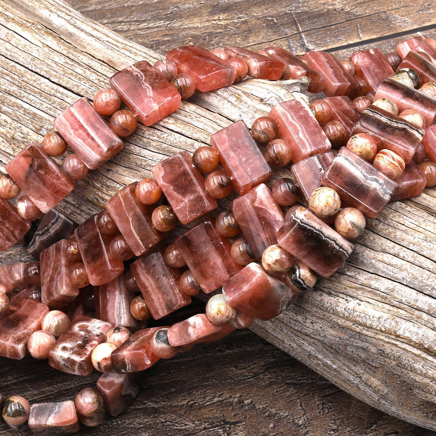 AA Double Drilled Natural Red Pink Rhodochrosite Rectangle Bracelet Gemstone Beads 8" Strand